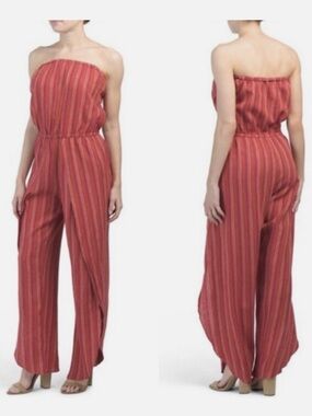 DREW Strapless Red & Orange Striped Wide-Leg Jumpsuit
